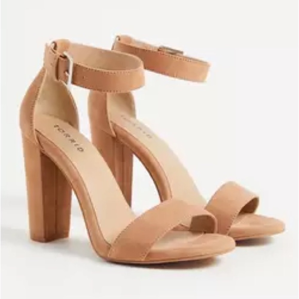 Torrid Two Strap Tapered Faux suede light tan heel sandals (LIKE NEW)